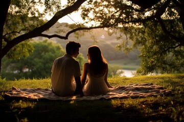 Spring serenity. young couple, labrador, and majestic oak in a peaceful park setting