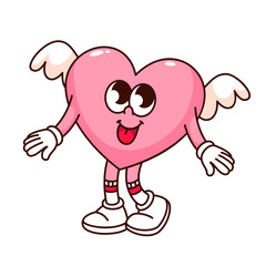 Groovy heart with wings character vector illustration. Cartoon isolated retro Valentines day sticker, patch of love and holiday gift with funny cute pink heart, romantic mascot with happy face walking