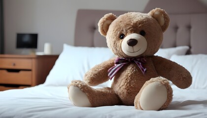 Happy teddy bear on a white bed