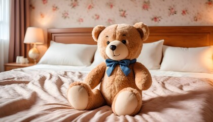 Teddy bear with a blue ribbon on a pink linen  bed