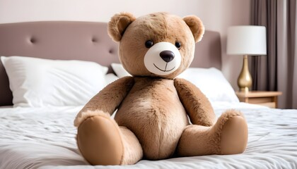 Teddy bear on a bed, in a modern bedroom