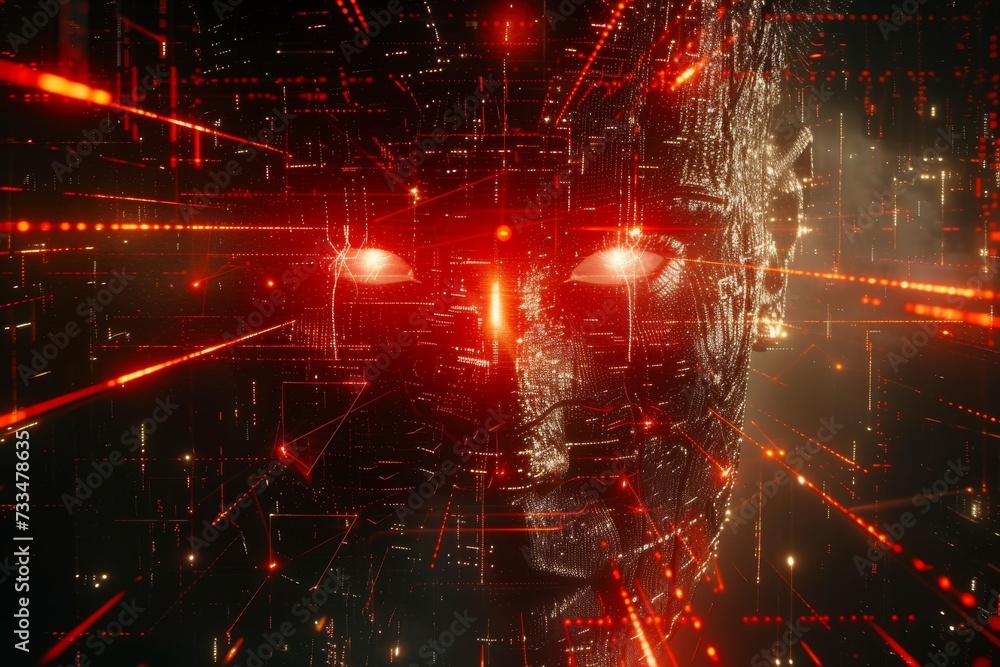 Poster a mesmerizing face lit up by a dazzling display of red fireworks, lasers and flares against the dark
