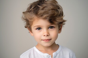 Portrait of a cute little boy with blond curly hair, studio shot