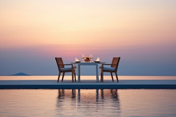 Fototapeta na wymiar Seascape view, sunset with dining table with infinity pool around. Romantic tropical getaway. Chairs, food and romance. Valentine's day, Mother's day, Women's Day, Wedding. Luxury destination dining