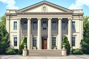 Fototapeta na wymiar Illustrate a colonial-style building facade with graceful columns, symmetrical features, and timeless charm. Convey a sense of historical elegance and architectural refinement