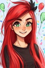 Fototapeta premium Vibrant and lively, a fiery-haired anime woman springs to life in this whimsical cartoon illustration, capturing the essence of fiction and animation in one stunning cg artwork