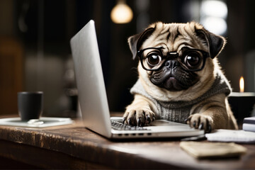 Front close up portrait of adorable pug puppy with eyeglasses working on laptop, out of focus background with copy space for text
