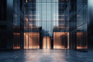  facade of a contemporary building with sleek glass panels, emphasizing transparency and modern design. Capture the play of light and reflections for a visually striking entrance