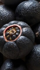 A close-up view of a group of ripe, vivid Black sapote with a deep, textured detail. 
