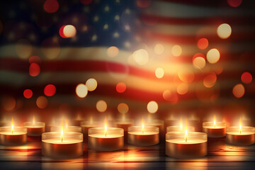 A vector concept design commemorating Patriot Day, featuring the USA flag, candles, We will never forget, honoring 9/11 Remembrance Day. - obrazy, fototapety, plakaty