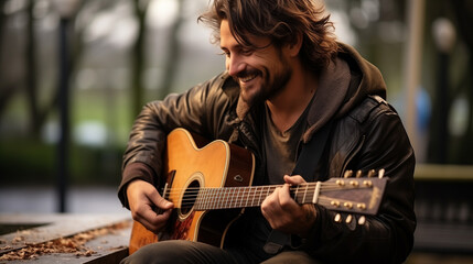 Sur un banc de parc, un jeune homme joue de la guitare, attirant un petit auditoire de passants souriants et d'oiseaux curieux, créant un instant de paix. - obrazy, fototapety, plakaty