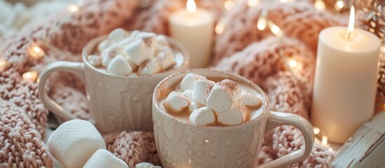 Obraz na płótnie Canvas Coffee with marshmallows on a tray, decorated with white candles and pink Christmas accents, served as a morning breakfast.