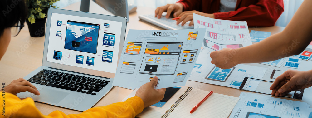 Poster panorama banner of startup ux developer or company employee design user interface or ui prototype fo