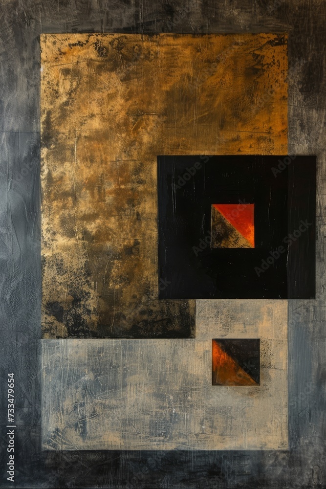 Fototapete an abstract painting on a gallery wall, blending rectangles and triangles to create a captivating vi