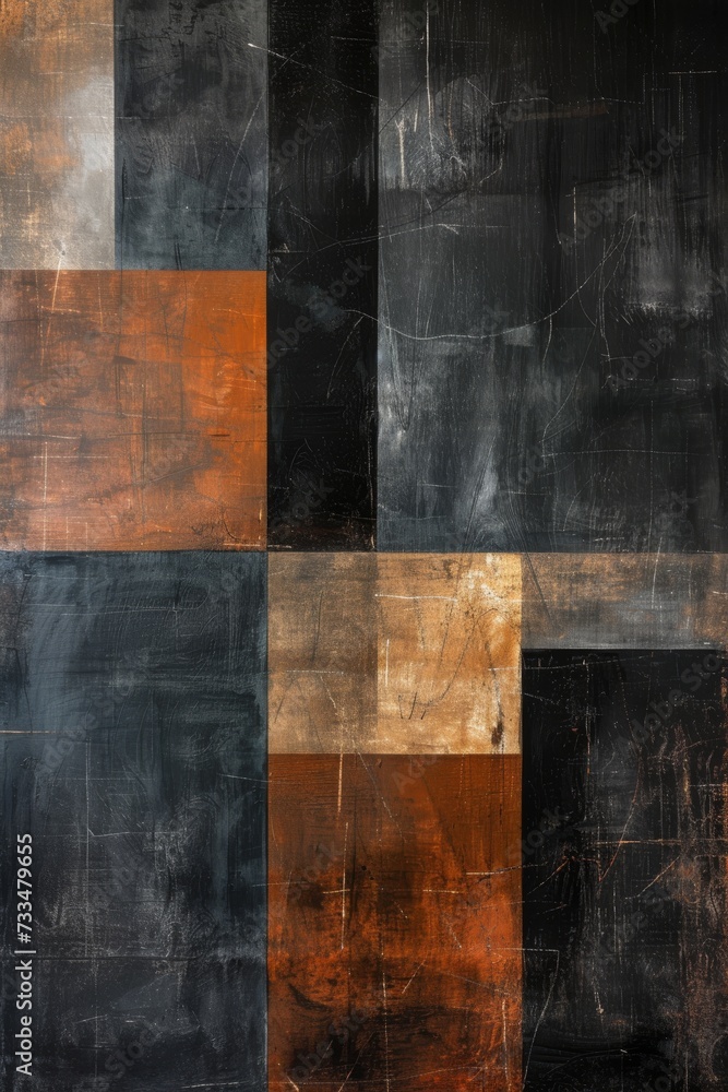Poster A geometric masterpiece of contrasting colors and shapes, evoking a sense of modernity and depth through its use of black and orange squares on a brown rectangle canvas