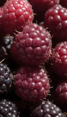 A close-up view of a group of ripe, vivid Boysenberry with a deep, textured detail.