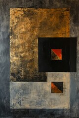 An abstract painting on a gallery wall, blending rectangles and triangles to create a captivating visual art piece that evokes feelings of curiosity and contemplation