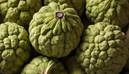 Fototapeta premium A close-up view of a group of ripe, vivid Cherimoya with a deep, textured detail. 