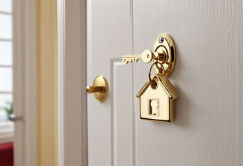 Opening door with golden house key chain on fuzzy interior background and mockup for your advertisement. Homebuying idea. 