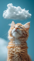 Fluffy cat gazes skyward, basking in sunlight amidst a serene blue sky