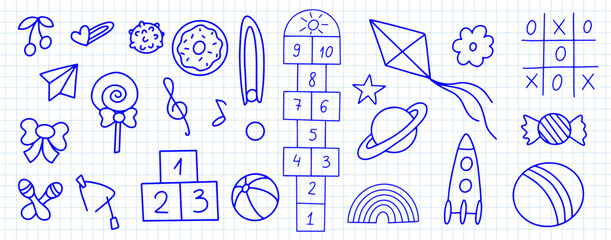 Daycare hand drawn doodle icons set. Doodle kindergarten montessori toys for nursery, school. Vector illustration