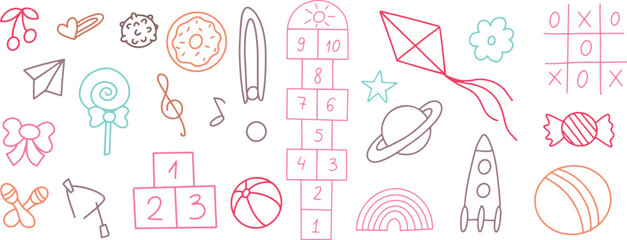 Daycare doodle toys icons set. Doodle kindergarten Montessori toys for nursery and school. Vector illustration