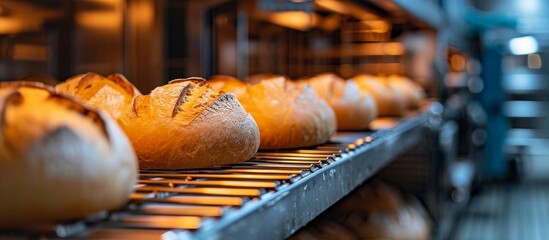 Freshly baked bread comes out of an automatic production line in a bakery's industrial oven.