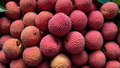 A close-up view of a group of ripe, vivid Lychee with a deep, textured detail.