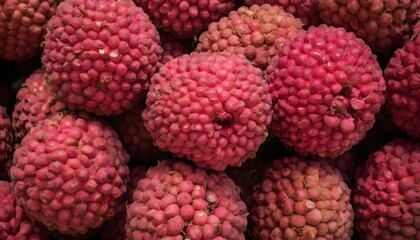 A close-up view of a group of ripe, vivid Lychee with a deep, textured detail.