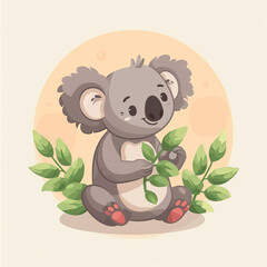 Flat logo of cute koala eating eucalyptus in cartoon style
