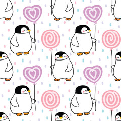 Seamless Pattern of Cute Cartoon Penguin and Balloon Design on White Background