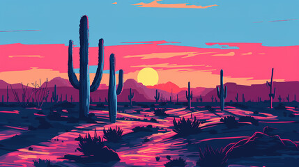 Saguaro national park, arizona in minimal colorful flat vector art style illustration.