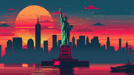 Statue of liberty in minimal colorful flat vector art style illustration. - obrazy, fototapety, plakaty