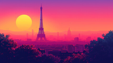 Fototapeta na wymiar Eiffel tower in Paris during sunrise or sunset in minimal colorful flat vector art style illustration.