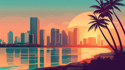 South beach Miami during sunrise or sunset in minimal colorful flat vector art style illustration.