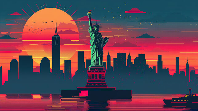 Statue of liberty in minimal colorful flat vector art style illustration.