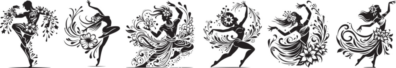 dancers decorated with flowers and leaves - obrazy, fototapety, plakaty