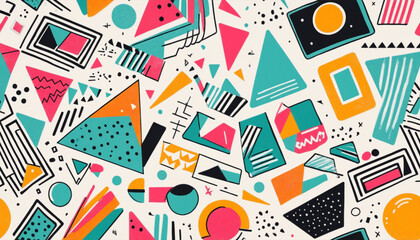 Colorful 90s style geometric shape set. Trendy flat cartoon  collection with retro decoration. Nostalgic zig zag lines, triangle  and 80s fashion texture.