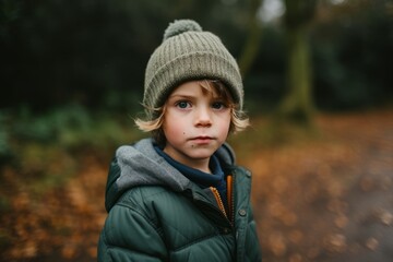 Portrait of a cute little boy in a green jacket and hat.