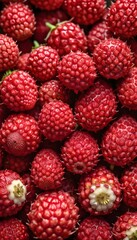 A close-up view of a group of ripe, vivid Pineberry with a deep, textured detail. 