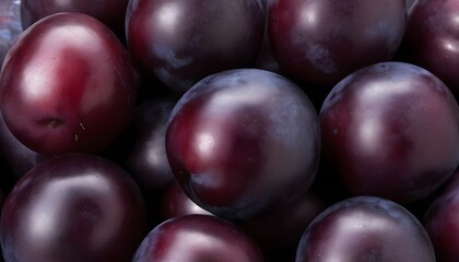 A close-up view of a group of ripe, vivid Plum with a deep, textured detail.