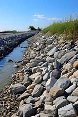 Fototapeta na wymiar A Comprehensive View of Riprap Erosion Control Technique Applied at a Riverbank Construction Site