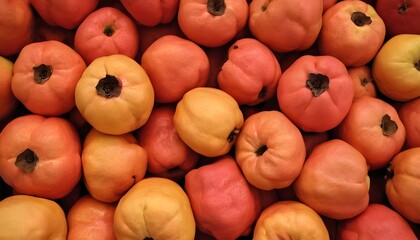 A close-up view of a group of ripe, vivid Quince with a deep, textured detail.