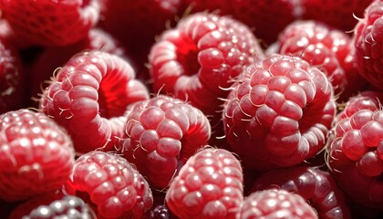 A close-up view of a group of ripe, vivid red raspberries with a deep, textured detail.