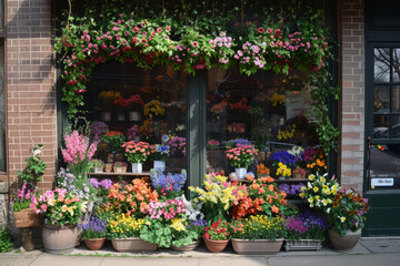 Fototapeta na wymiar Storefront decorated for spring and Easter with flowers and whimsical decor, pastel colored decorations
