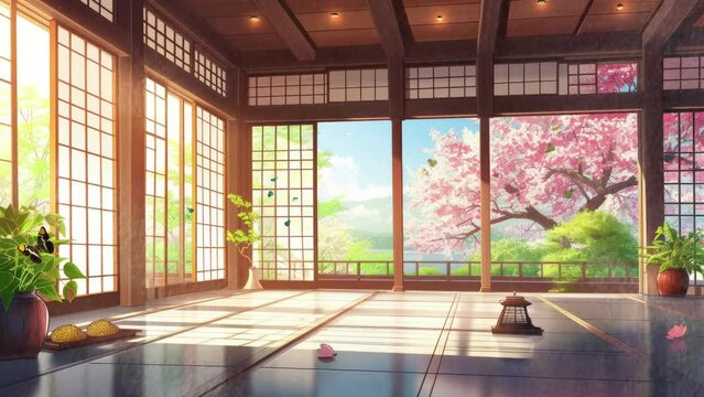 living room Japanese house interior in spring with cherry blossoms and mountain. Cartoon or anime watercolor digital painting illustration style. seamless looping 4k video animation background.