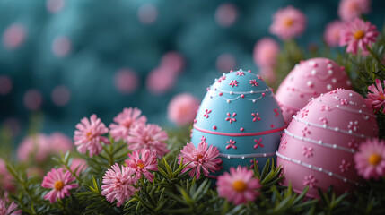 Obraz na płótnie Canvas Colorful Easter eggs and blossoming flowers on a teal background.