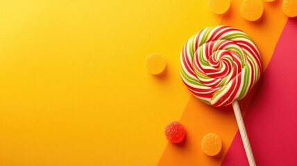 A vibrant lollipop and candies on a colorful background - obrazy, fototapety, plakaty