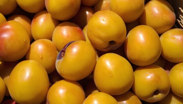 A close-up view of a group of ripe, vivid Yellow plum with a deep, textured detail.
