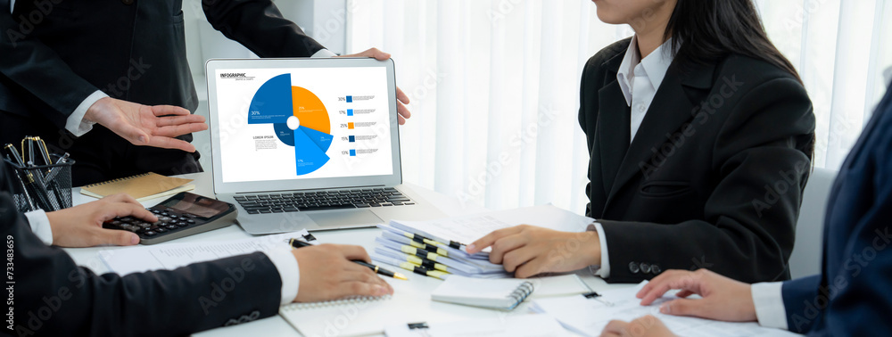 Poster business intelligence analyst team use bi software on laptop to analyze financial data dashboard. bu